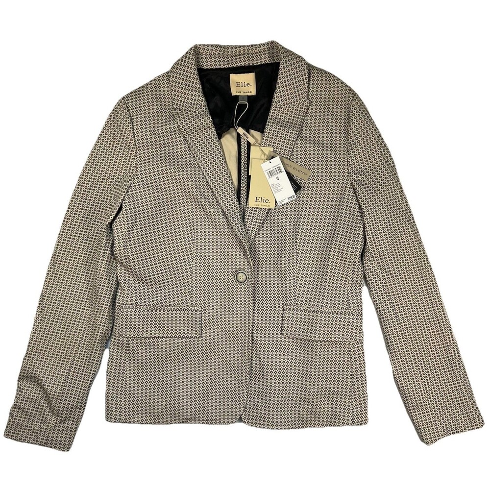 Elie Tahari Blazer Women Size 10 Beige Black Geometric Floral Single Button Coat